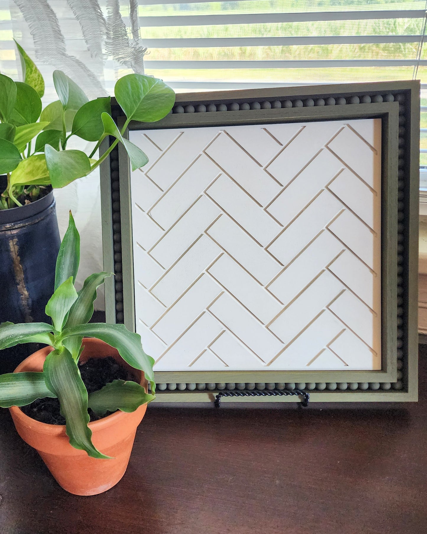 "Herringbone" Green & White Beaded Sign