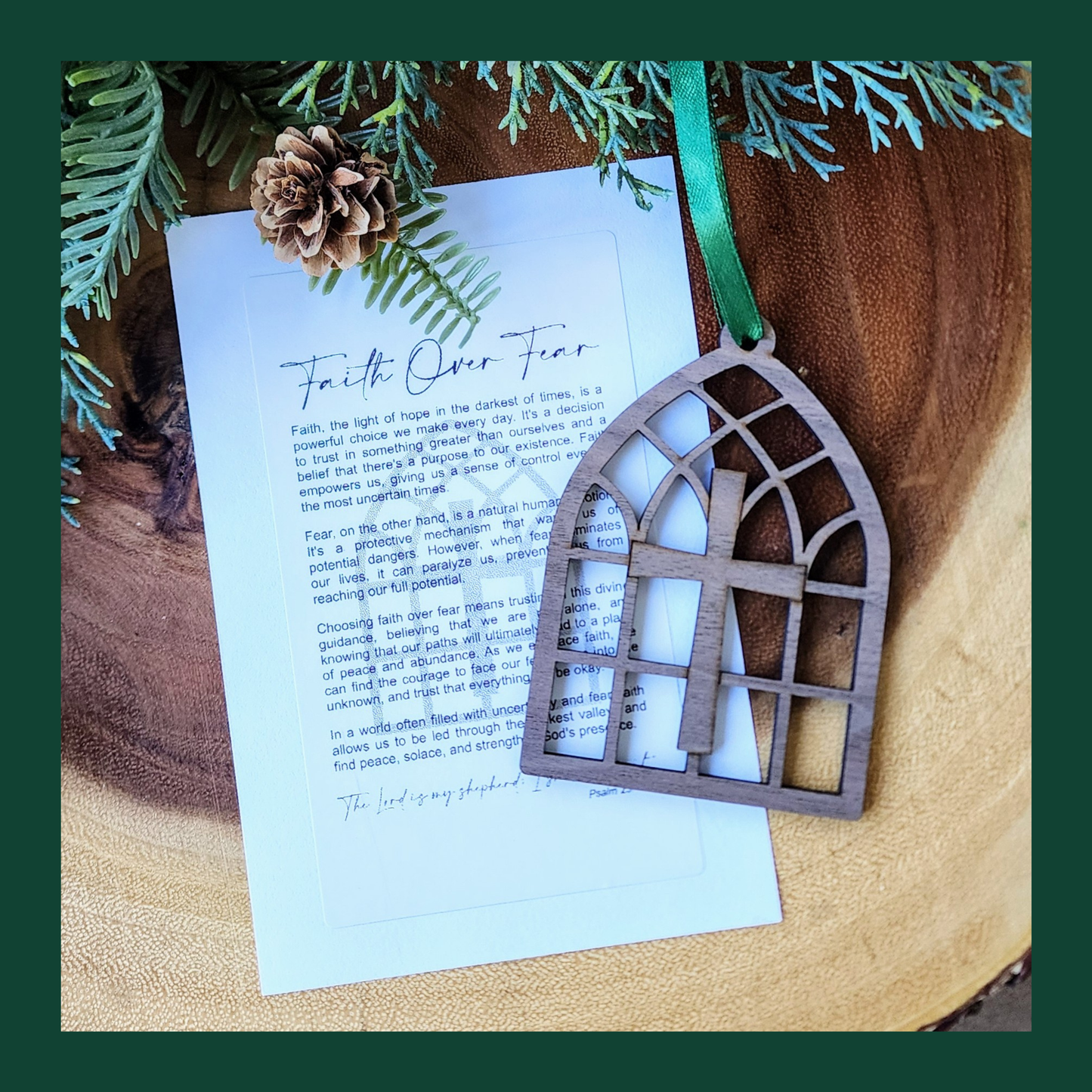 "Faith Over Fear" Walnut Story Ornament